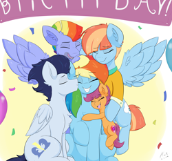 Size: 3000x2800 | Tagged: safe, artist:astrum, bow hothoof, rainbow dash, scootaloo, soarin', windy whistles, pegasus, pony, abstract background, balloon, birthday, birthday party, cheek kiss, chest fluff, clothes, confetti, cuddling, cute, cutealoo, dashabetes, digital art, eyes closed, family, family photo, father and child, father and daughter, father and mother, female, flying, grin, group hug, group photo, group shot, happy, high res, hug, kissing, male, mare, mother and child, mother and daughter, noogie, open mouth, open smile, party, rainbow dash day, scootalove, shipping, sitting, smiling, soarindash, spread wings, stallion, straight, unshorn fetlocks, wholesome, wings