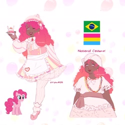 Size: 2048x2048 | Tagged: safe, artist:cryweas, pinkie pie, earth pony, human, pony, g4, alternate hairstyle, belt, brazil, cake, clothes, cute, dark skin, diapinkes, dress, ear piercing, earring, eyeshadow, female, flats, food, hat, high res, humanized, jewelry, lipstick, makeup, mare, necklace, open mouth, pansexual, pansexual pride flag, piercing, plate, pride, pride flag, shoes, simple background, skirt, socks, solo, stockings, thigh highs, turban, white background