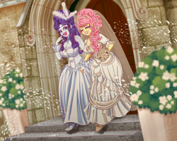 Size: 4500x3600 | Tagged: safe, artist:lucy-tan, fluttershy, rarity, human, equestria girls, g4, absurd resolution, alternate hairstyle, big breasts, bouquet, breasts, busty fluttershy, busty rarity, church, cleavage, clothes, commission, dress, duo, duo female, eyeshadow, female, flower, holding hands, lesbian, lesbian wedding, lipstick, makeup, marriage, ship:flarity, shipping, wedding, wedding dress