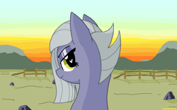 Size: 1136x709 | Tagged: safe, artist:legendoflink, limestone pie, earth pony, pony, g4, angry, bust, female, heart, heart eyes, looking at you, looking back, mare, ms paint, outdoors, rock farm, solo, sunrise, wingding eyes