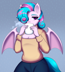 Size: 2046x2268 | Tagged: safe, artist:alunedoodle, oc, oc only, oc:sweetie swirl, bat pony, anthro, bat pony oc, clothes, coffee, cup, femboy, high res, male, mug, relaxed, solo, sweater, two toned mane