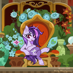 Size: 1500x1500 | Tagged: safe, artist:pritonhells, oc, oc only, oc:dreaming bell, pony, unicorn, base used, chair, commission, cute, fancy, female, heart butt marking, horn, mare, ocbetes, plants, room, show accurate, solo, throne, two toned coat, unicorn oc, ych result