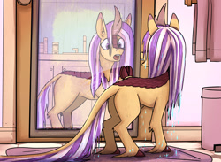 Size: 2160x1584 | Tagged: safe, artist:gingersnap913, oc, oc only, oc:lotus cinder, kirin, fanfic:words of power, butt, concave belly, female, human to kirin, human to pony, male to female, mare, mirror, plot, post-transformation, rule 63, solo, transformation, transgender transformation, wet, wet mane