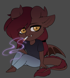 Size: 1900x2090 | Tagged: safe, artist:alunedoodle, oc, oc:whiskey dreams, demon, demon pony, anthro, chibi, cigarette, clothes, male, pants, shirt, sitting, smoking, solo, t-shirt, tired