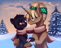 Size: 1859x1461 | Tagged: safe, artist:alunedoodle, oc, cat, cat pony, original species, pony, unicorn, clothes, couple, forest, glasses, holding hooves, looking at each other, looking at someone, monocle, scarf, shared clothing, shared scarf, smiling, smiling at each other, snow, snowfall, tree, winter