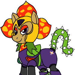 Size: 540x540 | Tagged: safe, artist:krisispiss, pony, robot, robot pony, crossover, flower, looking at you, mega man (series), mega man 6, plant man, ponified, rule 85, simple background, smiling, solo, tail, vine, white background