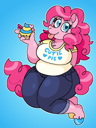 Size: 900x1200 | Tagged: safe, artist:krisispiss, pinkie pie, earth pony, anthro, unguligrade anthro, g4, arm behind back, bbw, breasts, busty pinkie pie, chest fluff, chubby, clothes, colored hooves, cupcake, fat, female, food, gradient background, looking at you, mare, pudgy pie, shirt, smiling, solo, tail, text on clothing, text on shirt, thighs, thunder thighs, tongue out, unshorn fetlocks