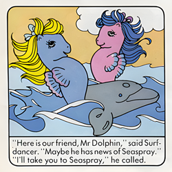 Size: 550x550 | Tagged: artist needed, safe, official comic, surf dancer, wavebreaker, dolphin, sea pony, comic:my little pony (g1), g1, bow, dialogue, female, hair bow, male, mr dolphin, scan, trio, upscaled, where is seaspray?