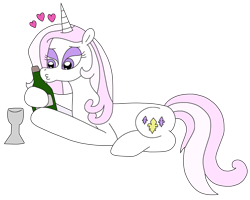 Size: 2831x2260 | Tagged: safe, artist:supahdonarudo, fleur-de-lis, pony, unicorn, series:fleurbuary, g4, alcohol, bottle, eyeshadow, female, glass, heart, high res, holding, lying down, makeup, mare, prone, simple background, solo, transparent background, wine, wine bottle, wine glass