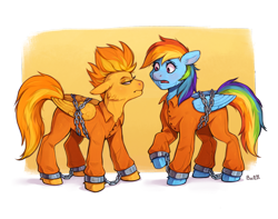 Size: 5000x3935 | Tagged: safe, artist:birdoffnorth, rainbow dash, spitfire, g4, bound wings, chained, chains, clothes, commissioner:rainbowdash69, cuffed, cuffs, duo, grumpy, jumpsuit, never doubt rainbowdash69's involvement, prison outfit, prisoner, prisoner rd, shackles, shocked, spitfire is not amused, unamused, wings