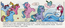 Size: 1100x470 | Tagged: artist needed, safe, official comic, bow tie (g1), firefly, medley, pinwheel, sea mist, seashell (g1), sparkler (g1), earth pony, pegasus, pony, unicorn, comic:my little pony (g1), g1, bow, dialogue, female, group, hair bow, mare, scan, tail, tail bow, upscaled, where is seaspray?