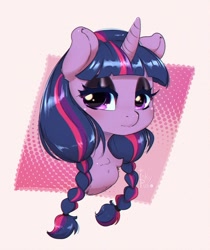 Size: 838x1000 | Tagged: safe, artist:inkypuso, twilight sparkle, pony, unicorn, g4, alternate hairstyle, braid, braided pigtails, bust, chest fluff, cute, eyeshadow, female, looking at you, makeup, mare, pigtails, solo, twiabetes, wednesday addams, wednesday sparkle