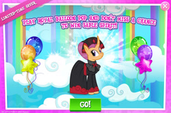 Size: 1957x1297 | Tagged: safe, gameloft, sable spirit, pony, unicorn, g4, my little pony: magic princess, advertisement, balloon, balloon pop, clothes, curved horn, dress, english, female, horn, mare, mobile game, rainbow waterfall, solo, text