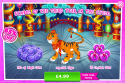 Size: 1961x1302 | Tagged: safe, gameloft, big cat, tiger, g4, my little pony: magic princess, advertisement, clothes, costs real money, english, hat, introduction card, lunar new year, magic coins, mobile game, numbers, sale, scarf, solo, text, unnamed character, whiskers
