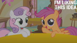 Size: 2000x1125 | Tagged: safe, edit, edited screencap, editor:quoterific, screencap, scootaloo, sweetie belle, pegasus, pony, unicorn, call of the cutie, g4, balloon, duo, duo female, female, filly, foal, open mouth, open smile, phonograph, raised hoof, smiling, spread wings, table, wings