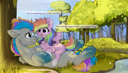 Size: 2136x1218 | Tagged: safe, artist:little-sketches, oc, oc only, oc:aurora codec, oc:pixel codec, pegasus, pony, chest fluff, commission, cute, dialogue, father and child, father and daughter, female, filly, foal, gradient hooves, happy, lying down, male, multicolored hair, not rainbow dash, on back, pegasus oc, rainbow hair, stallion