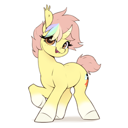Size: 2380x2380 | Tagged: safe, artist:aquaticvibes, oc, oc only, oc:ponkus, bat pony, bat pony unicorn, hybrid, pony, unicorn, :d, commission, curved horn, cute, eye clipping through hair, fangs, female, freckles, high res, horn, looking at you, mare, ocbetes, open mouth, open smile, ponysona, raised hoof, shadow, short hair, short tail, simple background, smiling, smiling at you, solo, tail, white background