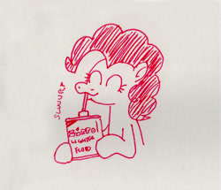 Size: 1280x1100 | Tagged: safe, artist:horsewizardart, pinkie pie, earth pony, pony, g4, cute, diapinkes, drinking, drinking straw, eyes closed, female, hoof hold, lighter fluid, mare, pen drawing, solo, traditional art