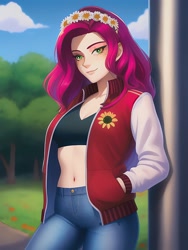 Size: 1020x1360 | Tagged: safe, ai assisted, ai content, derpibooru exclusive, editor:sammykun, generator:novelai, generator:stable diffusion, gloriosa daisy, human, equestria girls, g4, beautiful, beautiful eyes, beautiful hair, belly button, breasts, cleavage, clothes, colored pupils, column, cute, denim, female, green eyes, humanized, jacket, jeans, looking at you, midriff, pants, pockets, red hair, reference used, smiling, solo, varsity jacket