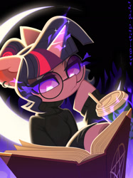 Size: 1521x2032 | Tagged: safe, artist:rrd-artist, twilight sparkle, g4, book, clothes, dark magic, drink, glasses, glowing, glowing eyes, glowing horn, horn, magic