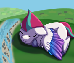 Size: 1800x1550 | Tagged: safe, artist:php176, derpibooru exclusive, zipp storm, pegasus, pony, g5, adorazipp, colored wings, creek, cute, female, floppy ears, grass, hill, lineless, lying down, mare, multicolored wings, relaxed wings, relaxing, sand, shading, shading practice, shadow, sleeping, smiling, solo, spread wings, stone, unshorn fetlocks, water, wings