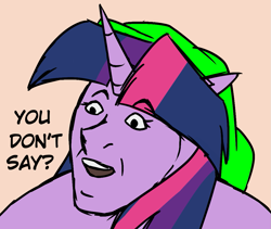 Size: 1069x902 | Tagged: safe, artist:bexdrey, twilight sparkle, human, g4, funny, hat, horn, humanized, meme, nicolas cage, parody, simple background, you don't say
