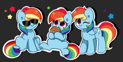 Size: 8300x4200 | Tagged: safe, artist:kittyrosie, rainbow dash, pegasus, pony, g4, absurd resolution, belly, cookie, cute, dashabetes, food, gray background, simple background, solo, sunglasses