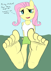 Size: 1280x1802 | Tagged: safe, artist:weirdo6264, fluttershy, anthro, plantigrade anthro, g4, barefoot, clothes, equestria girls outfit, feet, female, fetish, foot fetish, foot focus, soles, solo, toes