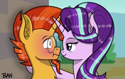 Size: 2302x1467 | Tagged: safe, artist:banquo0, starlight glimmer, sunburst, pony, unicorn, g4, :t, blushing, bust, duo, female, glasses, horn, horns are touching, kabedon, lidded eyes, looking at each other, looking at someone, looking into each others eyes, male, mare, ship:starburst, shipping, stallion, straight