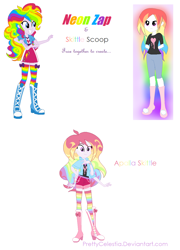 Size: 904x1254 | Tagged: safe, artist:prettycelestia, pinkie pie, rainbow dash, oc, oc only, oc:apalla skittle, oc:neon zap, oc:skittle scoop, human, equestria girls, g4, belt buckle, boots, bracelet, clothes, fusion, fusion:pinkie pie, fusion:pinkiedash, fusion:rainbow dash, high heel boots, jewelry, multicolored hair, multiple arms, purple eyes, rainbow hair, shoes, shorts, simple background, stockings, thigh highs, white background
