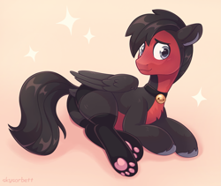 Size: 2043x1726 | Tagged: oc name needed, safe, artist:skysorbett, oc, oc only, pegasus, pony, bell, bell collar, blushing, butt, cat paws, cat socks, clothes, collar, colt, foal, looking at you, male, panties, paw pads, paw socks, pegasus oc, plot, red and black oc, simple background, socks, solo, sparkles, two toned coat, underwear