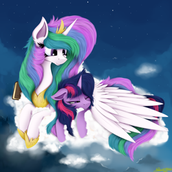 Size: 4000x4000 | Tagged: safe, artist:ser-p, princess celestia, twilight sparkle, alicorn, pony, g4, absurd resolution, book, cloud, crown, duo, female, horn, huge, jewelry, large wings, lying down, mare, momlestia, prone, regalia, spread wings, twilight sparkle (alicorn), wings