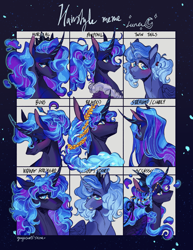 Size: 1778x2300 | Tagged: safe, artist:yuyusunshine, princess luna, alicorn, pony, g4, abstract background, alternate hairstyle, blushing, braid, bust, curved horn, drawing meme, ethereal mane, female, hair bun, horn, jewelry, laurel wreath, looking at you, looking away, looking down, looking up, mare, pigtails, ponytail, s1 luna, smiling