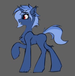 Size: 848x859 | Tagged: safe, artist:capseys, oc, oc only, oc:eclarix, pony, unicorn, blank flank, chest fluff, colored, concave belly, ear fluff, explicit source, eye clipping through hair, eyebrows, eyebrows visible through hair, female, gray background, grin, horn, looking forward, raised hoof, red eyes, side view, simple background, sketch, slender, smiling, solo, standing, thin, unicorn oc