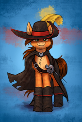 Size: 1462x2160 | Tagged: safe, artist:helmie-art, cat, cat pony, earth pony, pony, abstract background, boots, cape, clothes, cute, dreamworks, full body, green eyes, hat, looking at you, pale belly, ponified, puss in boots, puss in boots: the last wish, rapier, rule 85, shoes, shrek, solo, standing, sword, weapon