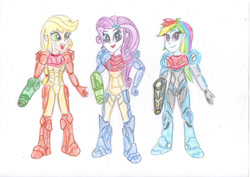 Size: 1063x752 | Tagged: safe, artist:rami-yt, applejack, rainbow dash, rarity, human, equestria girls, g4, arm cannon, armor, female, metroid, metroid dread, power suit, powersuit, simple background, traditional art, trio, trio female, white background