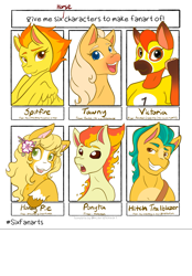 Size: 1423x2048 | Tagged: safe, artist:mscolorsplash, hitch trailblazer, spitfire, earth pony, pegasus, pony, ponyta, g4, g5, animal crossing, barbie, bust, crossover, female, flower, flower in hair, grin, male, mare, open mouth, pokémon, six fanarts, smiling, stallion, strawberry shortcake, yellow