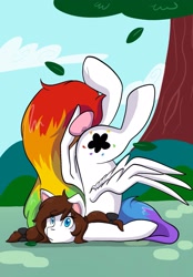Size: 1423x2048 | Tagged: safe, artist:mscolorsplash, oc, oc only, oc:color splash, pegasus, pony, anatomically incorrect, bow, butt, crash, female, incorrect leg anatomy, leaves, mare, plot, rainbow tail, solo, tail, tail bow