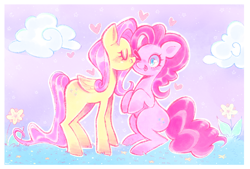 Size: 2350x1588 | Tagged: safe, artist:veianaan, fluttershy, pinkie pie, earth pony, pegasus, pony, g4, cheek kiss, cloud, cute, diapinkes, duo, duo female, eyes closed, female, floating heart, flower, grass, heart, kissing, lesbian, mare, one eye closed, ship:flutterpie, shipping, shyabetes, sitting, sitting up, smiling