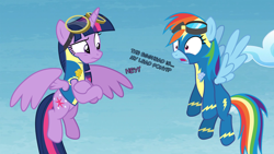 Size: 3840x2160 | Tagged: safe, artist:gypsykumquat, rainbow dash, twilight sparkle, alicorn, pony, g4, .svg available, clothes, crossed hooves, female, flying, high res, lead pony badge, mare, show accurate, text, twilight sparkle (alicorn), uniform, vector, wingpony badge, wonderbolt trainee uniform, wonderbolts, wonderbolts uniform, wondersparkle