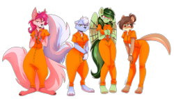 Size: 4698x2672 | Tagged: safe, artist:rick-elfen, oc, oc only, oc:eden shallowleaf, fox, otter, pegasus, skunk, anthro, bound wings, chained, chains, clothes, commission, cuffed, cuffs, female, furry, jumpsuit, never doubt rainbowdash69's involvement, pegasus oc, prison outfit, simple background, transparent background, varying degrees of want, wings