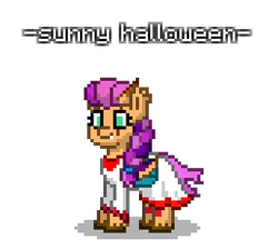 Size: 344x308 | Tagged: safe, artist:dematrix, sunny starscout, bat pony, pony, pony town, g5, blood, clothes, cute, dress, halloween, holiday, horn, race swap, simple background, solo, transparent background