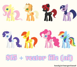 Size: 3196x2798 | Tagged: safe, artist:margaritaenot, applejack, fluttershy, pinkie pie, rainbow dash, rarity, twilight sparkle, oc, pony, g4, advertising, commission, high res, mane six, sale, simple background, vector, white background