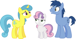 Size: 5819x3000 | Tagged: safe, artist:cloudy glow, blues, lemon hearts, noteworthy, sweetie belle, earth pony, pony, unicorn, for whom the sweetie belle toils, g4, female, filly, foal, male, mare, simple background, stallion, transparent background, trio, vector
