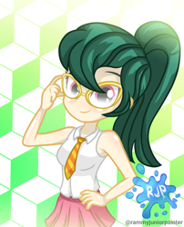 Size: 2015x2490 | Tagged: safe, artist:rjp.rammy, oc, oc:kate patricia, human, equestria girls, g4, bare shoulders, clothes, cute, female, glasses, high res, necktie, ocbetes, shirt, skirt, sleeveless, solo