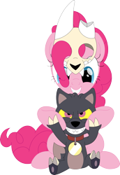 Size: 2469x3580 | Tagged: safe, artist:porygon2z, pinkie pie, earth pony, pony, titan, g4, broken horn, collar, crossover, duo, duo male and female, female, high res, horn, king clawthorne, male, mare, pet tag, show accurate, simple background, skull, the owl house, transparent background, unmasked