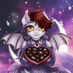 Size: 600x600 | Tagged: safe, artist:mdwines, oc, bat pony, anthro, animated, big eyes, candy, chocolate, clothes, cute, dress, female, filly, foal, food, heart, hearts and hooves day, holiday, moon, purple background, romantic, solo, spread wings, valentine's day, webm, wings, young