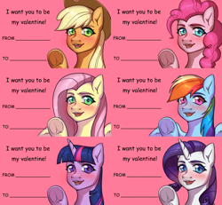 Size: 5732x5305 | Tagged: safe, artist:tigra0118, applejack, fluttershy, pinkie pie, rainbow dash, rarity, twilight sparkle, alicorn, earth pony, pegasus, pony, unicorn, g4, absurd resolution, applejack's hat, blushing, cowboy hat, hat, hearts and hooves day, mane six, postcard, twilight sparkle (alicorn)