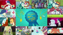 Size: 1280x721 | Tagged: safe, editor:quoterific, bon bon, lyra heartstrings, princess luna, sweetie drops, vice principal luna, human, all's fair in love & friendship games, equestria girls, g4, adorabon, animal costume, barbell, best friends, bff, bird costume, bon owl, clothes, costume, cute, female, lesbian, lyrabetes, lyrabird, owl costume, peacock costume, phone book, ship:lyrabon, shipping, statue, weights