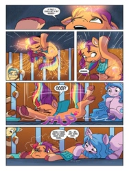 Size: 768x1024 | Tagged: safe, idw, official comic, hitch trailblazer, izzy moonbow, sunny starscout, alicorn, earth pony, pony, unicorn, g5, spoiler:comic, spoiler:g5, spoiler:g5comic, spoiler:g5comic10, artificial horn, artificial wings, augmented, bag, bang, bracelet, cage, female, friendship bracelet, frown, glowing, glowing horn, hoof heart, horn, jewelry, magic, magic horn, magic wings, male, mane stripe sunny, mare, oof, open mouth, race swap, saddle bag, stallion, sunnycorn, thud, trapped, ugh, underhoof, unshorn fetlocks, wavy mouth, wings